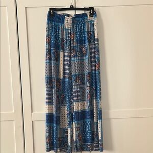 Blue Paisley Patterned Wide-Leg Pants
